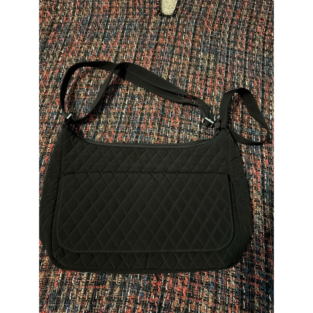 Vera Bradley Black Quilted Microfiber Crossbody Messenger Bag Floral Rose Lining